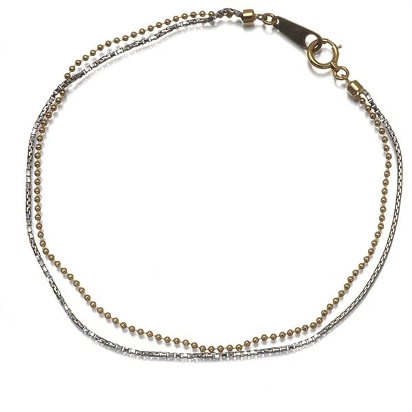 BALL BEAD CHAIN BICOLOR LAYERED 2-STRAND BOX BRACELET: Ball Bead Chain Bicolor Layered 2-strand Box Bracelet Brand: Unbranded Type: Bracelet Material: 18K / 750 / Yellow Gold 850 / Platinum Color: Silver,Yellow Gold Size: Inner circumference: 19cm Bra