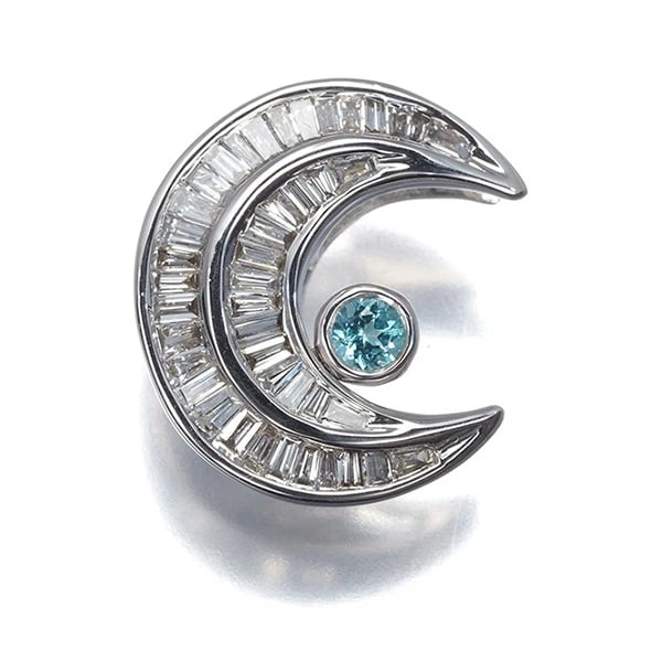 QVC PENDANT PARAIBA TOURMALINE DIAMOND MOON: QVC Pendant Paraiba Tourmaline Diamond Moon Brand: QVC Type: Pendant Material: 18K / 750 / White Gold Main Stone/Creation Natural Color: White Gold Size: Design size: 14.2 x 13.4mm Bail inner