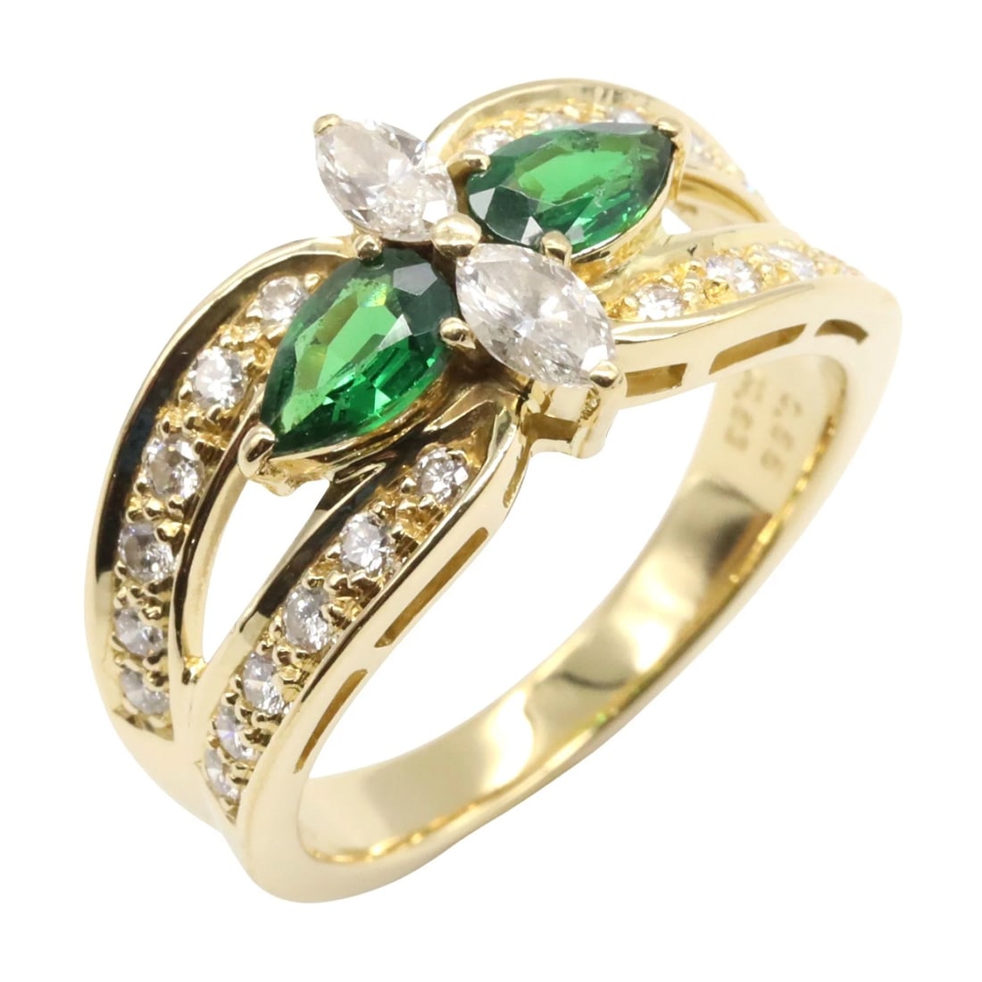JEUNET GREEN GARNET DIAMOND RING 18KYG YELLOW GOLD: Jeunet Green Garnet Diamond Ring 18KYG Yellow Gold Brand: Jeunet Type: Ring Material: K18 (Yellow Gold) Main Stone/Creation Green garnet Color: Yellow Gold Size: 6.25 - 6.5 US Accessories: None