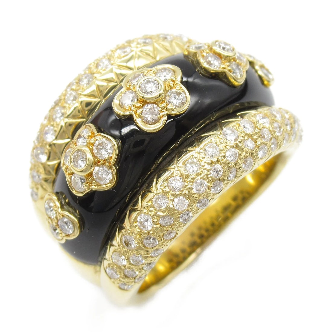 JEWELRY ONYX DIAMOND RING 18KYG: JEWELRY Onyx Diamond Ring 18KYG Brand: JEWELRY Type: Ring Material: K18 (Yellow Gold) Main Stone/Creation Natural Color: Yellow Gold Size: 6.75 - 7 US Accessories: None Accessories Notice: