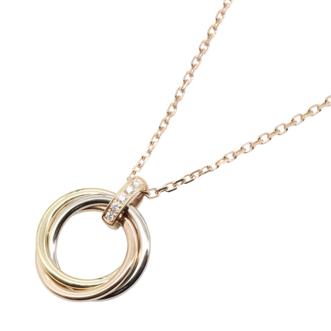CARTIER TRINITY NECKLACE 5PD DIAMOND 18KYWRG: CARTIER Trinity Necklace 5PD Diamond 18KYWRG Brand: CARTIER Type: Necklace Material: K18 (Yellow Gold) Color: Yellow Gold Size: Size Neck rotation?42cm(16.5") Motif W?18mm x H?20mm(0.7" x 0.8") A