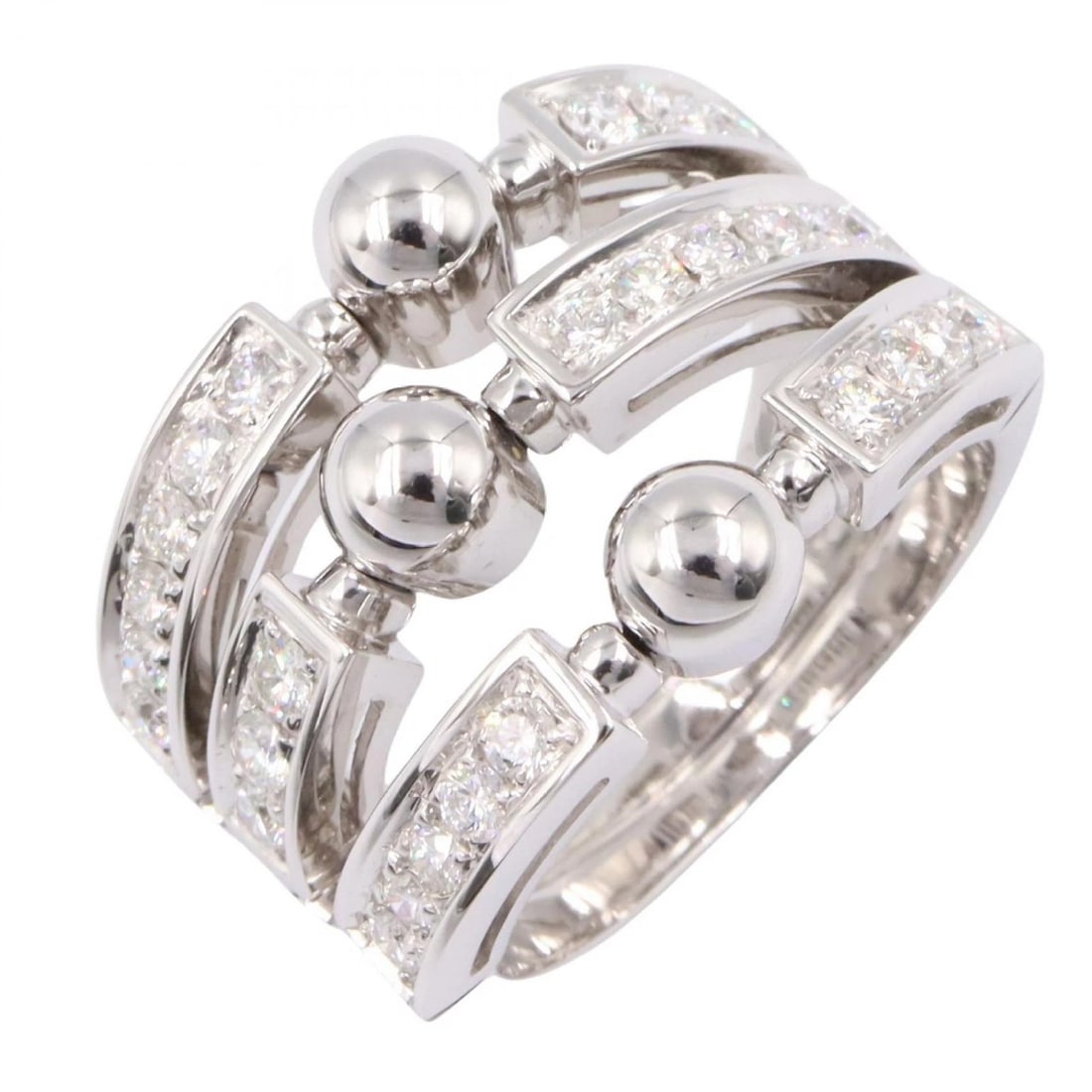 BVLGARI ALLEGRA DIAMOND 3 ROW RING 18KWG: BVLGARI Allegra Diamond 3 Row Ring 18KWG Brand: BVLGARI Type: Ring Material: K18WG?White Gold? Color: Silver??ish colors × Clear??ish colors Size: 7.5 US Accessories: None Accessories