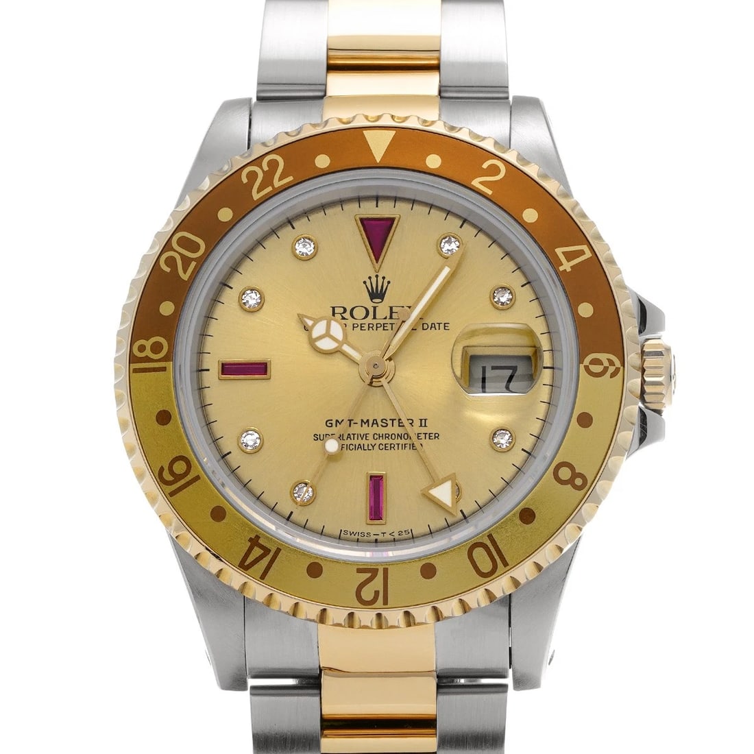 ROLEX CHAMPAGNE DIAMOND RUBY WATCH: ROLEX Champagne Diamond Ruby Watch Brand: ROLEX Type: Wristwatch Material: Band Material Yellow Gold/Stainless steel, Case Material Stainless steel Color: Dial Color Champagne/Diamond / Ruby Size: