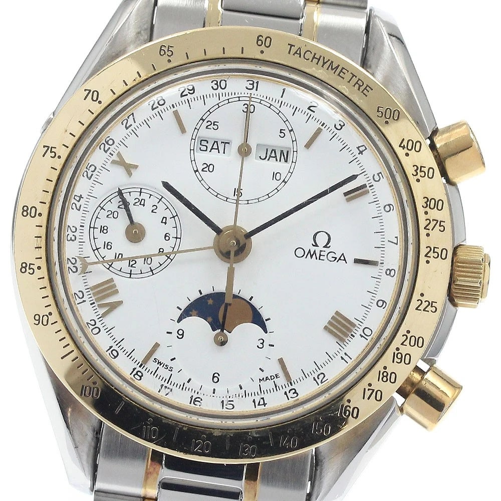 OMEGA SPEEDMASTER WATCH: OMEGA Speedmaster Watch Brand: OMEGA Type: Wristwatch Material: Band Material Stainless Steel/YG, Case Material Stainless Steel/YG Color: Band Color Silver / Gold, Dial Color white, Case Color Silv