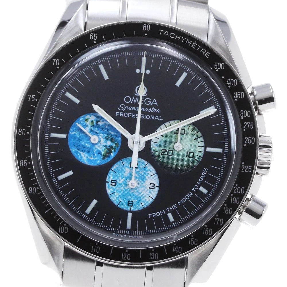 OMEGA SPEEDMASTER WATCH: OMEGA Speedmaster Watch Brand: OMEGA Type: Wristwatch Material: Band Material Stainless Steel, Case Material Stainless Steel Color: Band Color Silver, Dial Color black, Case Color Silver Size: Cas