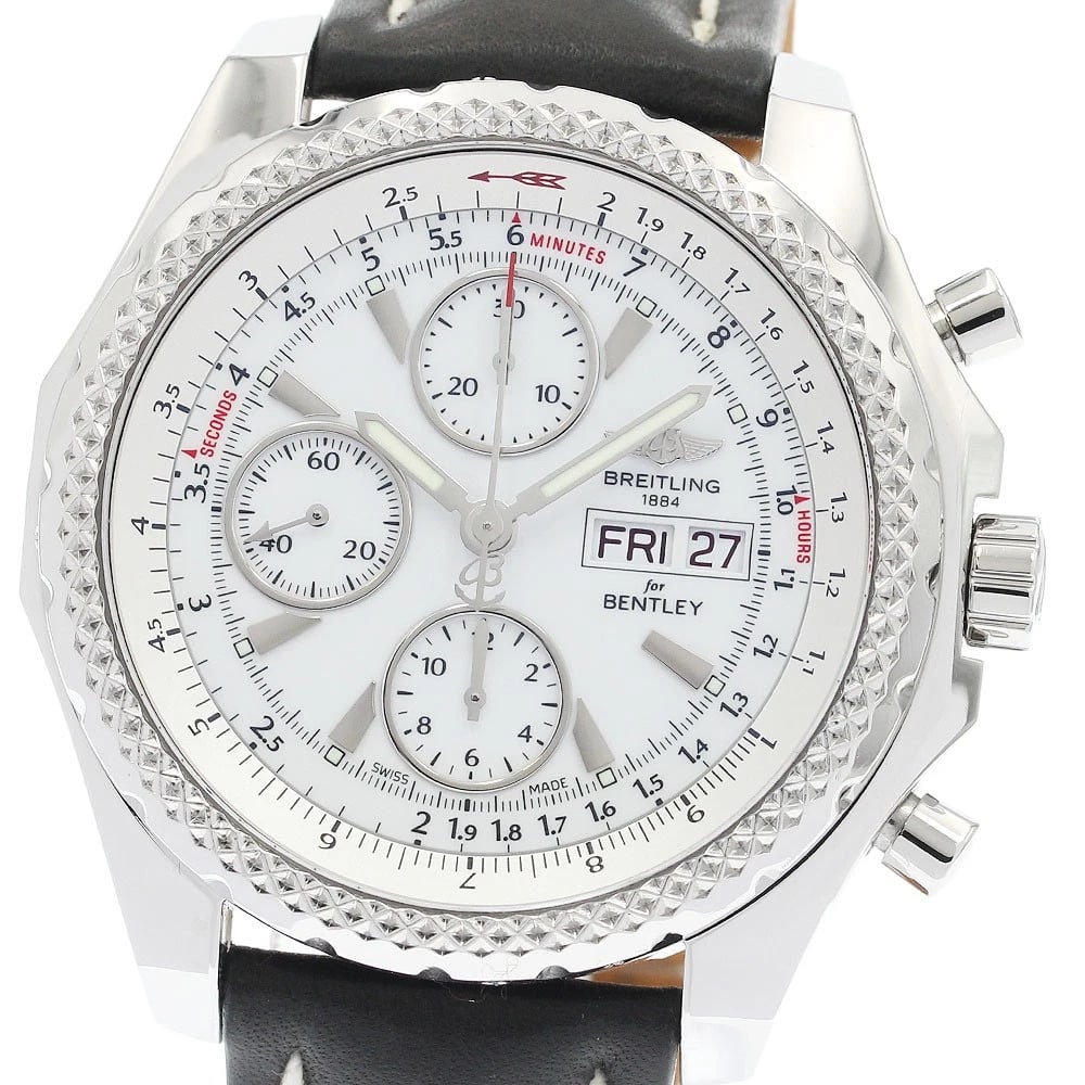 BREITLING BENTLEY CHRONOGRAPH WATCH: BREITLING Bentley Chronograph Watch Brand: BREITLING Type: Wristwatch Material: Band Material leather, Case Material Stainless Steel Color: Band Color black, Dial Color white, Case Color Silver