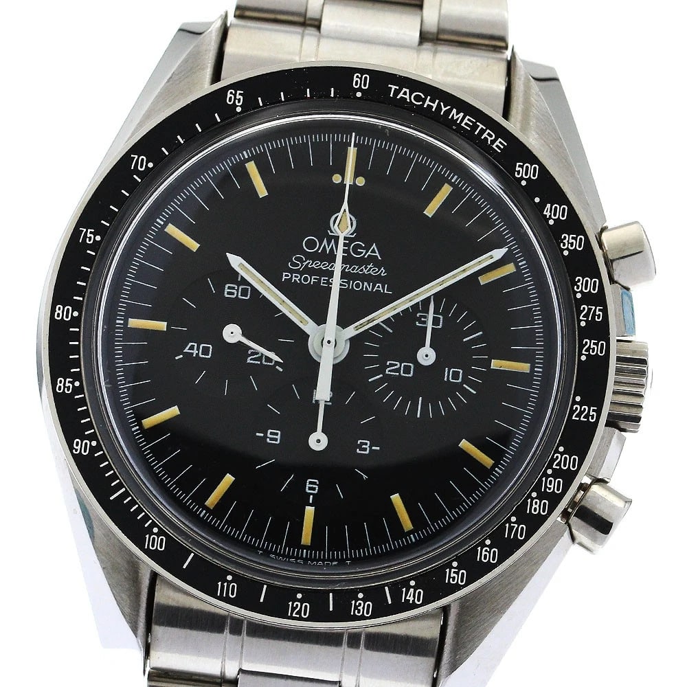 OMEGA SPEEDMASTER WATCH: OMEGA Speedmaster Watch Brand: OMEGA Type: Wristwatch Material: Band Material Stainless Steel, Case Material Stainless Steel Color: Band Color Silver, Dial Color black, Case Color Silver Size: