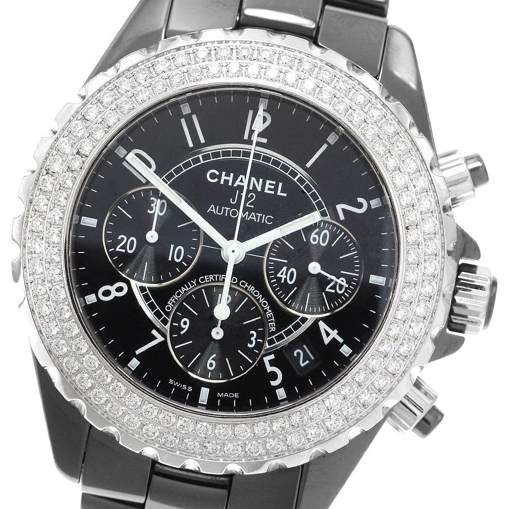 CHANEL J12 CHRONOGRAPH DIAMOND BEZEL WATCH: CHANEL J12 Chronograph diamond bezel Watch Brand: CHANEL Type: Wristwatch Material: Band Material Ceramic / Stainless Steel, Case Material Ceramic / Stainless Steel Color: Band Color black,