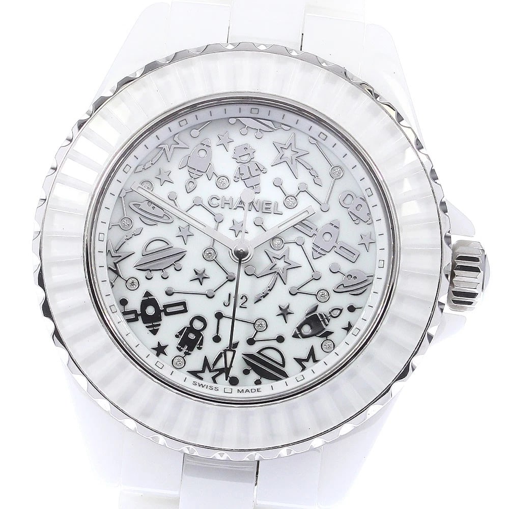 CHANEL J12 COSMIC WHITE CERAMIC DIAMOND WATCH: CHANEL J12 Cosmic white ceramic diamond Watch Brand: CHANEL Type: Wristwatch Material: Band Material ceramic, Case Material Ceramic / Stainless Steel Color: Band Color white, Dial Color white,