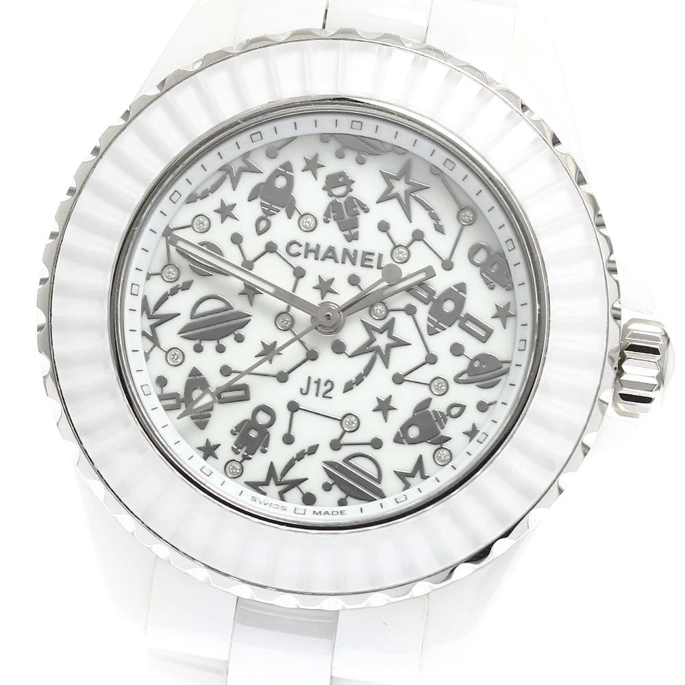 CHANEL J12 COSMIC WHITE CERAMIC DIAMOND WATCH: CHANEL J12 Cosmic white ceramic diamond Watch Brand: CHANEL Type: Wristwatch Material: Band Material ceramic, Case Material Ceramic / Stainless Steel Color: Band Color white, Dial Color white,