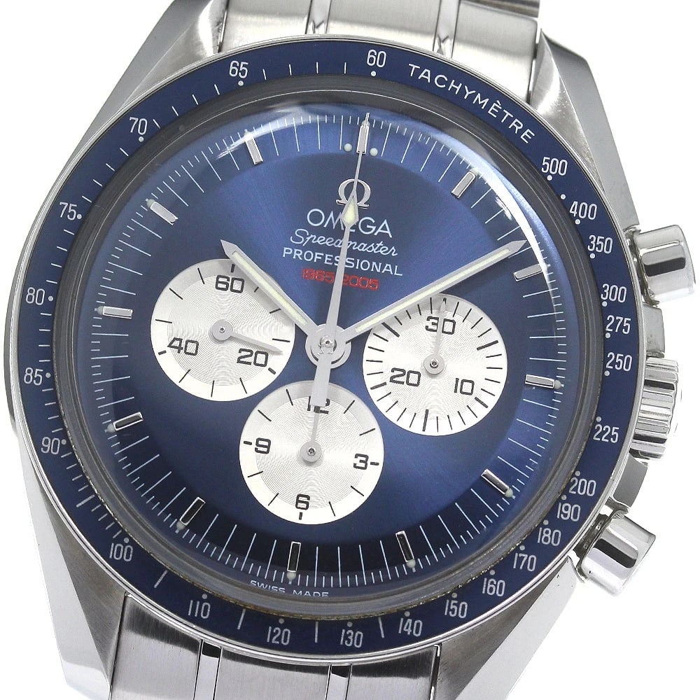 OMEGA SPEEDMASTER WATCH: OMEGA Speedmaster Watch Brand: OMEGA Type: Wristwatch Material: Band Material Stainless Steel, Case Material Stainless Steel Color: Band Color Silver, Dial Color Navy, Case Color Silver Size: Case