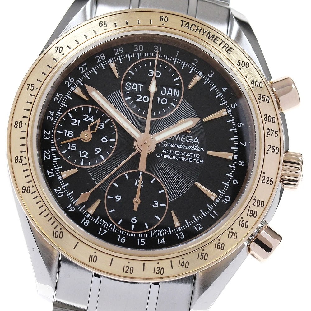 OMEGA SPEEDMASTER WATCH: OMEGA Speedmaster Watch Brand: OMEGA Type: Wristwatch Material: Band Material Stainless Steel, Case Material Stainless Steel/PG Color: Band Color Silver, Dial Color black, Case Color Silver / Pink