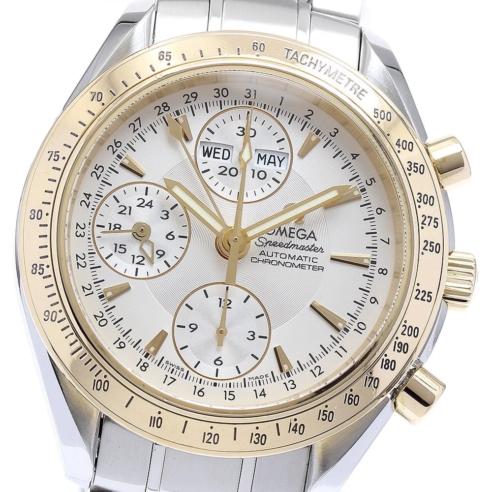 OMEGA SPEEDMASTER WATCH: OMEGA Speedmaster Watch Brand: OMEGA Type: Wristwatch Material: Band Material Stainless Steel, Case Material Stainless Steel/YG Color: Band Color Silver, Dial Color Silver, Case Color Silver / Gold