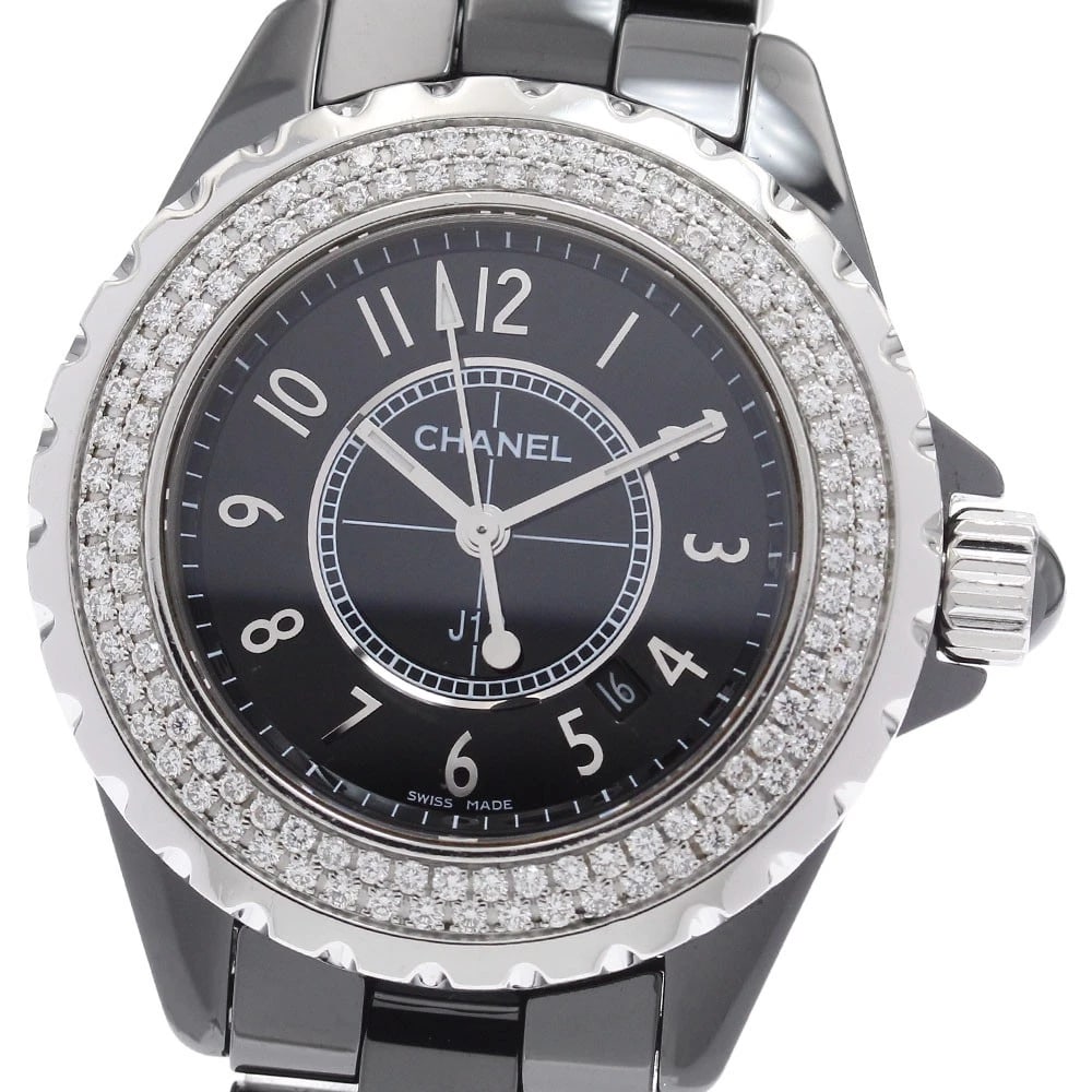 CHANEL J12 BLACK CERAMIC DIAMOND BEZEL WATCH: CHANEL J12 black ceramic diamond bezel Watch Brand: CHANEL Type: Wristwatch Material: Band Material Ceramic / Stainless Steel, Case Material Ceramic / Stainless Steel Color: Band Color black,