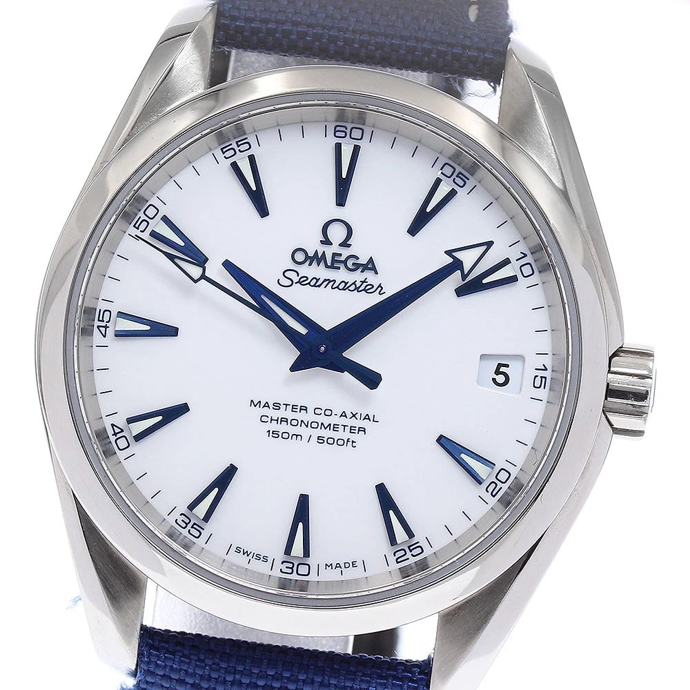 OMEGA SEAMASTER AQUA TERRA WATCH: OMEGA Seamaster Aqua Terra Watch Brand: OMEGA Type: Wristwatch Material: Band Material Nylon / leather, Case Material titanium Color: Band Color Navy, Dial Color white, Case Color Silver Size:
