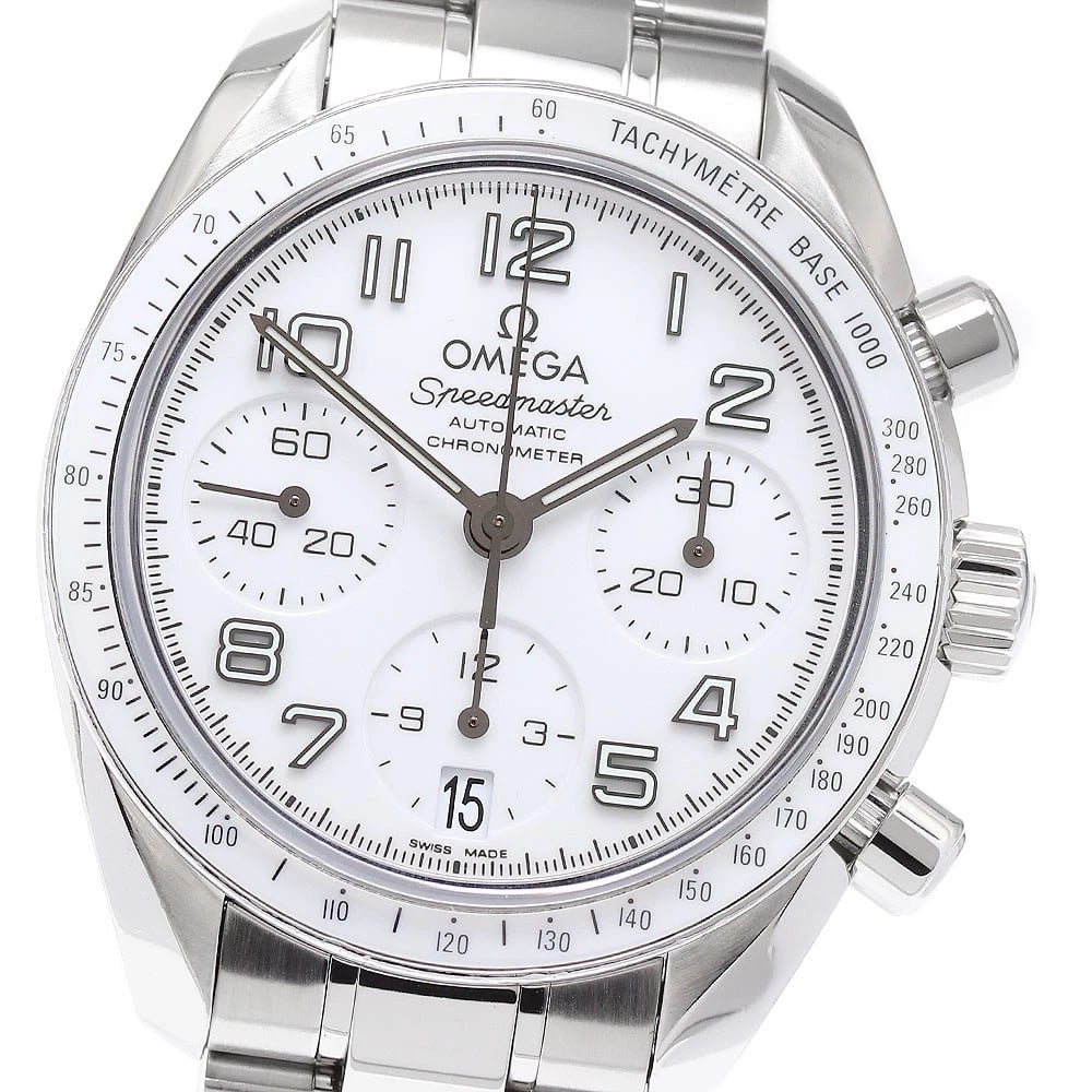 OMEGA SPEEDMASTER CHRONOGRAPH WATCH: OMEGA Speedmaster Chronograph Watch Brand: OMEGA Type: Wristwatch Material: Band Material Stainless Steel, Case Material Stainless Steel Color: Band Color Silver, Dial Color white, Case Color Silve