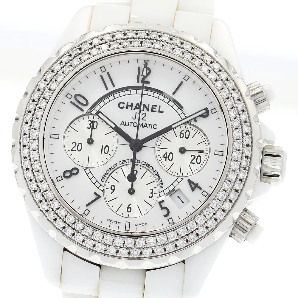 CHANEL J12 CHRONOGRAPH DIAMOND BEZEL WHITE WATCH: CHANEL J12 chronograph diamond bezel white Watch Brand: CHANEL Type: Wristwatch Material: Band Material Stainless Steel / ceramic, Case Material Stainless Steel / ceramic Color: Band Color