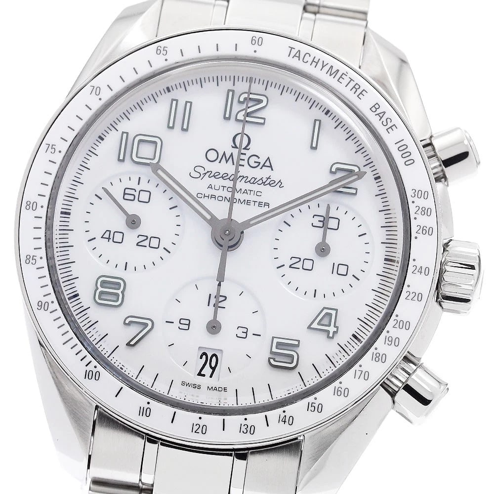 OMEGA SPEEDMASTER WHITE WATCH: OMEGA Speedmaster White Watch Brand: OMEGA Type: Wristwatch Material: Band Material Stainless Steel, Case Material Stainless Steel Color: Band Color Silver, Dial Color white, Case Color Silver 