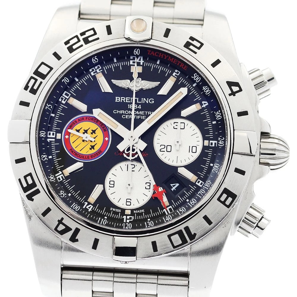 BREITLING CHRONOMAT WATCH: BREITLING Chronomat Watch Brand: BREITLING Type: Wristwatch Material: Band Material Stainless Steel, Case Material Stainless Steel Color: Band Color Silver, Dial Color black, Case Color Silver Siz