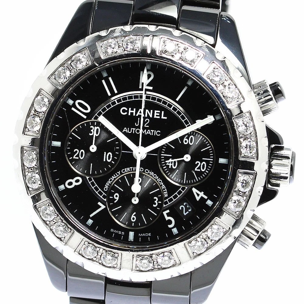 CHANEL J12 DIAMOND BEZEL BLACK CERAMIC WATCH: CHANEL J12 diamond bezel black ceramic Watch Brand: CHANEL Type: Wristwatch Material: Band Material Ceramic x stainless steel, Case Material Ceramic x stainless steel Color: Band Color Black /