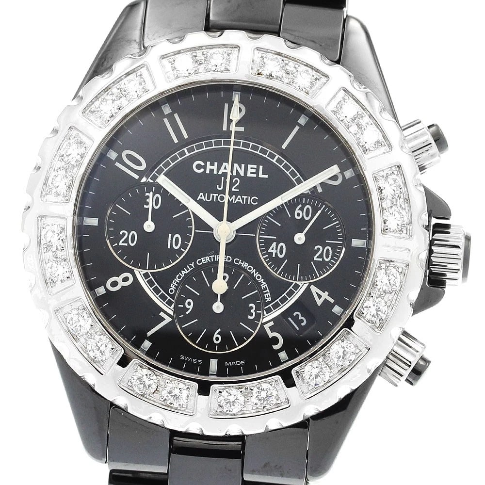 CHANEL J12 DIAMOND BEZEL BLACK CERAMIC WATCH: CHANEL J12 diamond bezel black ceramic Watch Brand: CHANEL Type: Wristwatch Material: Band Material Ceramic x stainless steel, Case Material Ceramic x stainless steel Color: Band Color Black /