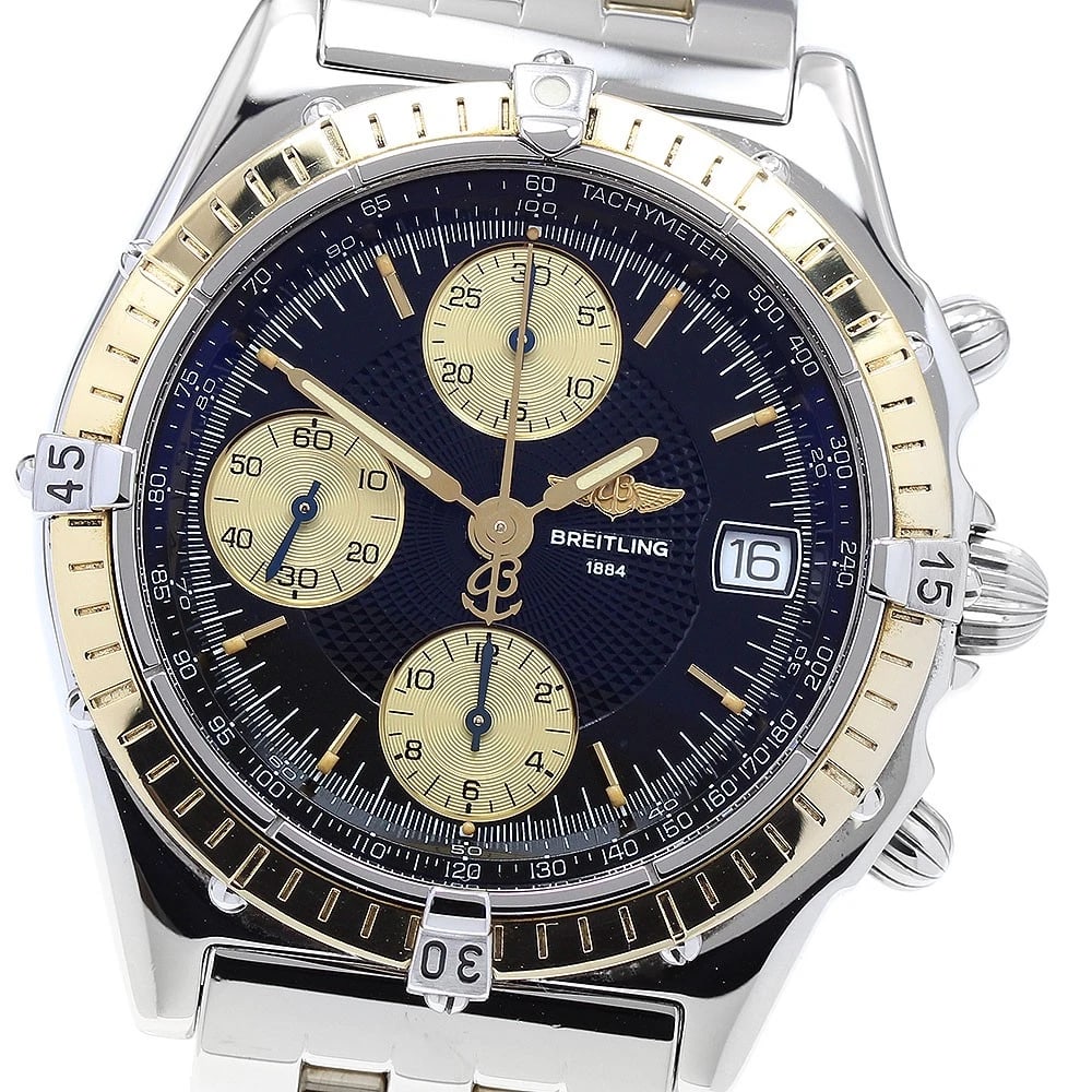 BREITLING CHRONO BLACK GOLD WATCH: BREITLING Chrono Black gold Watch Brand: BREITLING Type: Wristwatch Material: Band Material Stainless Steel/YG, Case Material Stainless Steel/YG Color: Band Color Silver / Gold, Dial Color Black /