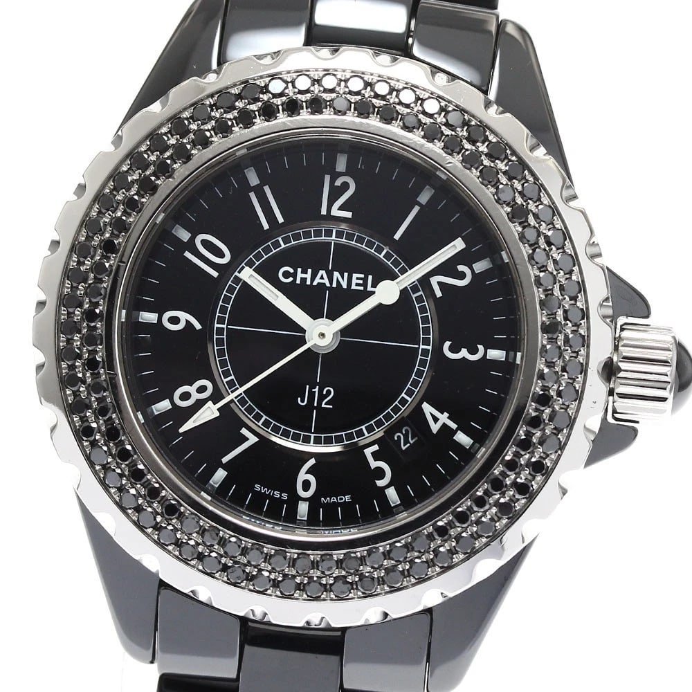 CHANEL J12 BLACK CERAMIC DIAMOND BEZEL WATCH: CHANEL J12 black ceramic diamond bezel Watch Brand: CHANEL Type: Wristwatch Material: Band Material Ceramic / Stainless Steel, Case Material Ceramic / Stainless Steel Color: Band Color Black /