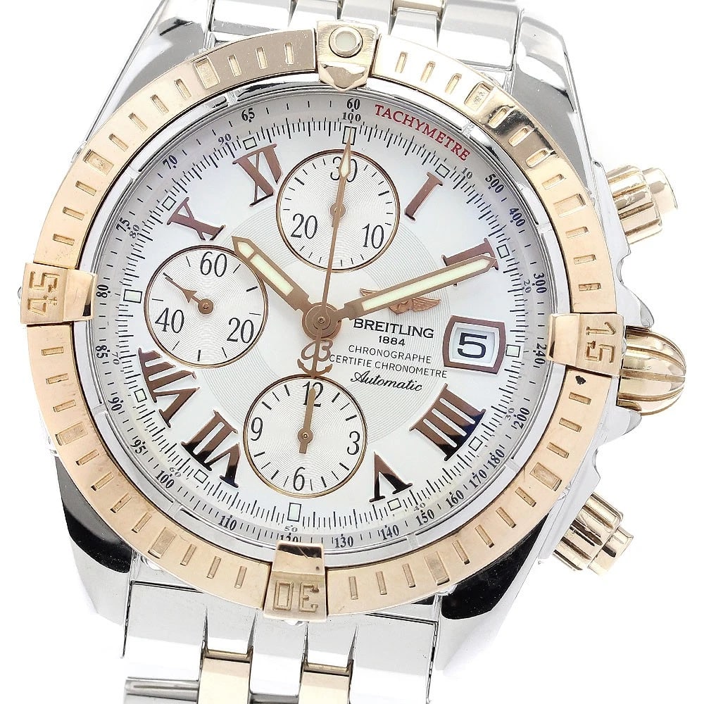 BREITLING CHRONO WATCH: BREITLING Chrono Watch Brand: BREITLING Type: Wristwatch Material: Band Material Stainless Steel/K18PG, Case Material Stainless Steel/K18PG Color: Band Color Silver / Pink Gold, Dial Color