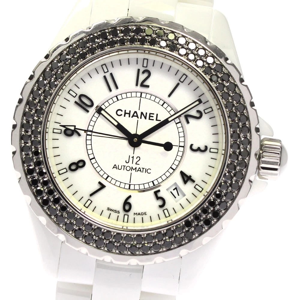 CHANEL J12 BLACK DIAMOND BEZEL WHITE CERAMIC WATCH: CHANEL J12 Black Diamond Bezel White Ceramic Watch Brand: CHANEL Type: Wristwatch Material: Band Material Stainless Steel / ceramic, Case Material Stainless Steel / ceramic Color: Band Color