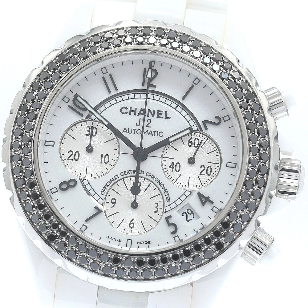 CHANEL J12 WHITE CERAMIC BLACK DIAMOND BEZEL CHRONOGRAPH WATCH: CHANEL J12 White Ceramic Black Diamond Bezel Chronograph Watch Brand: CHANEL Type: Wristwatch Material: Band Material Stainless Steel / ceramic, Case Material Stainless Steel / ceramic Color: