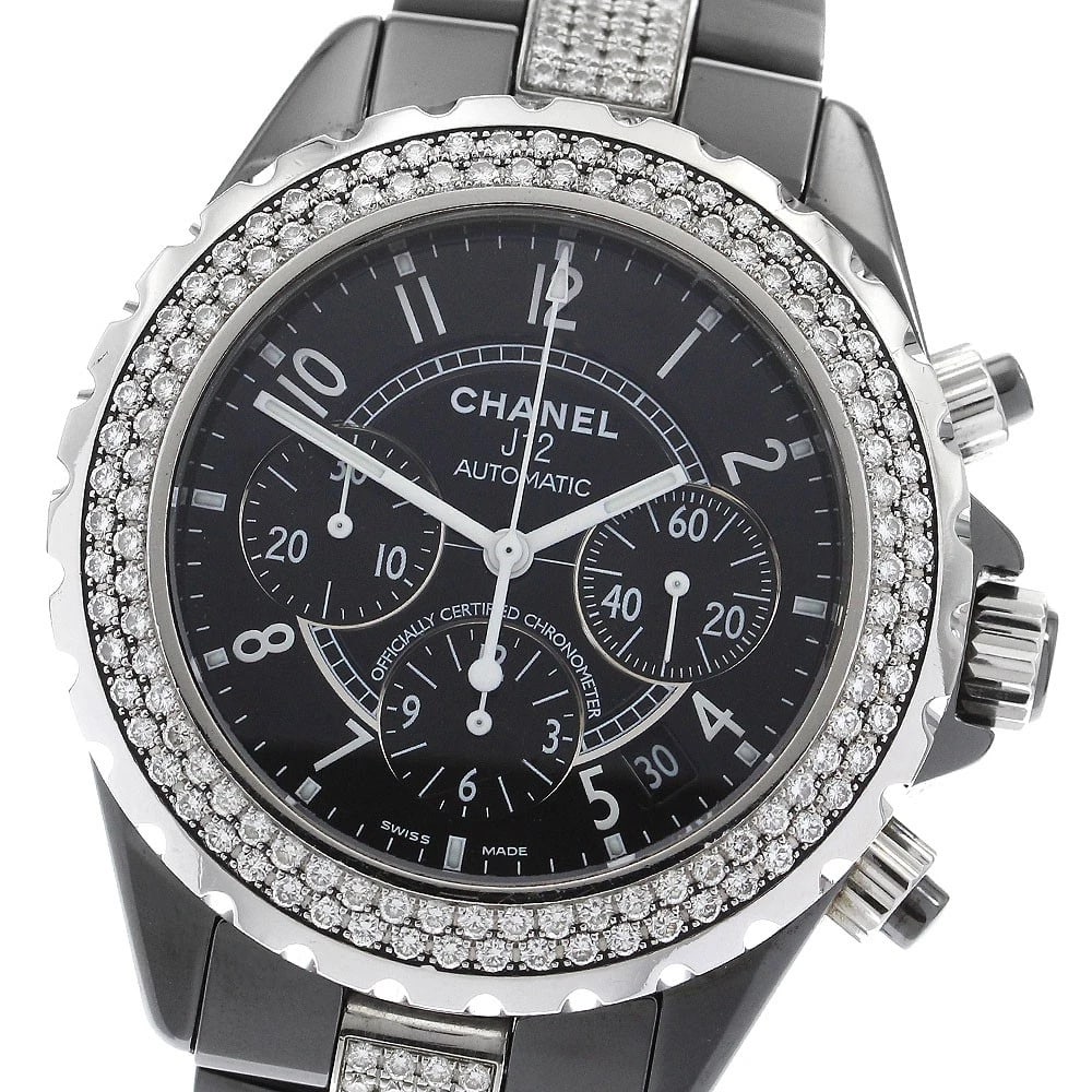 CHANEL J12 CHRONOGRAPH DIAMOND WATCH: CHANEL J12 Chronograph Diamond Watch Brand: CHANEL Type: Wristwatch Material: Band Material Ceramic / Stainless Steel, Case Material Ceramic / Stainless Steel Color: Band Color Black / Silver,