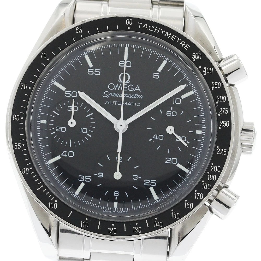OMEGA SPEEDMASTER CHRONOGRAPH BLACK WATCH: OMEGA Speedmaster Chronograph Black Watch Brand: OMEGA Type: Wristwatch Material: Band Material Stainless Steel, Case Material Stainless Steel Color: Band Color Silver, Dial Color black, Case