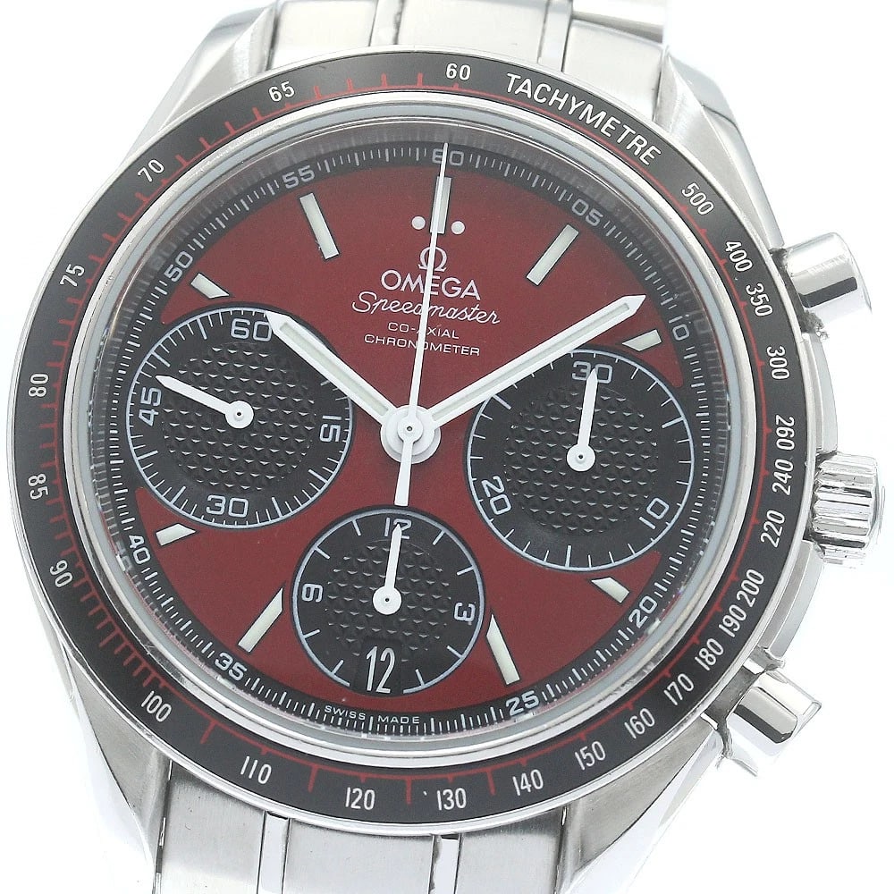 OMEGA SPEEDMASTER WATCH: OMEGA Speedmaster Watch Brand: OMEGA Type: Wristwatch Material: Band Material Stainless Steel, Case Material Stainless Steel Color: Band Color Silver, Dial Color Red / black, Case Color Silver 
