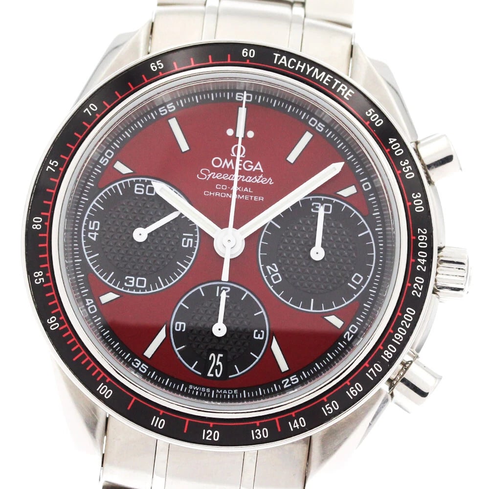 OMEGA SPEEDMASTER CHRONOGRAPH WATCH: OMEGA Speedmaster Chronograph Watch Brand: OMEGA Type: Wristwatch Material: Band Material Stainless Steel, Case Material Stainless Steel Color: Band Color Silver, Dial Color Red / black, Case