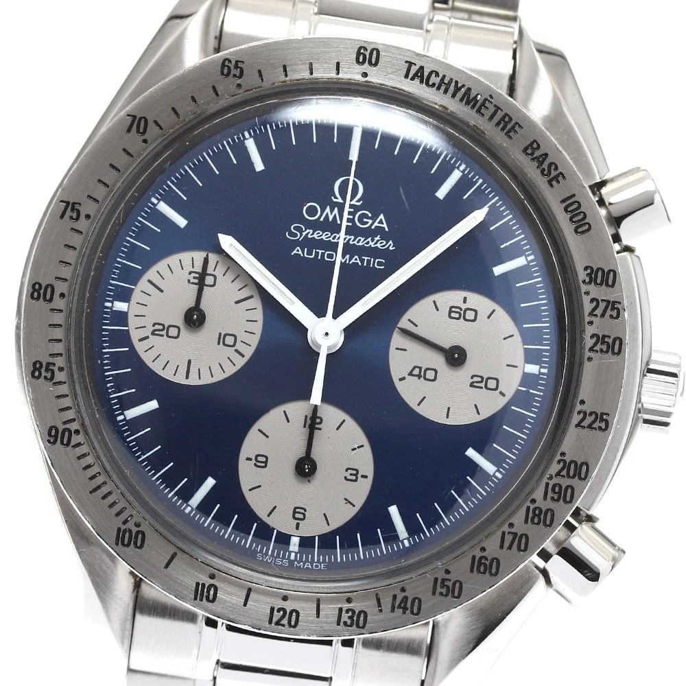 OMEGA SPEEDMASTER CHRONOGRAPH WATCH: OMEGA Speedmaster Chronograph Watch Brand: OMEGA Type: Wristwatch Material: Band Material Stainless Steel, Case Material Stainless Steel Color: Band Color Silver, Dial Color blue, Case Color