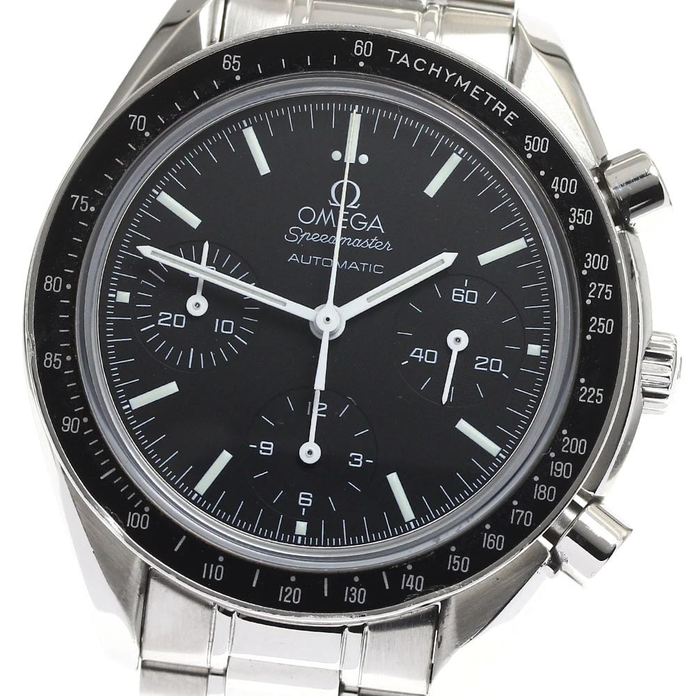 OMEGA SPEEDMASTER CHRONOGRAPH BLACK WATCH: OMEGA Speedmaster Chronograph black Watch Brand: OMEGA Type: Wristwatch Material: Band Material Stainless Steel, Case Material Stainless Steel Color: Band Color Silver, Dial Color black, Case