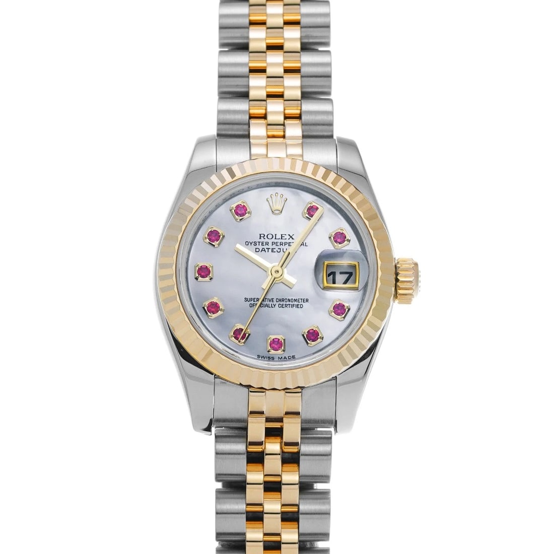 ROLEX DATEJUST WHITE SHELL RUBY WATCH: ROLEX Datejust White shell Ruby Watch Brand: ROLEX Type: Wristwatch Material: Band Material Stainless steel/Yellow Gold, Case Material Stainless steel Color: Dial Color White shell/Ruby Size: