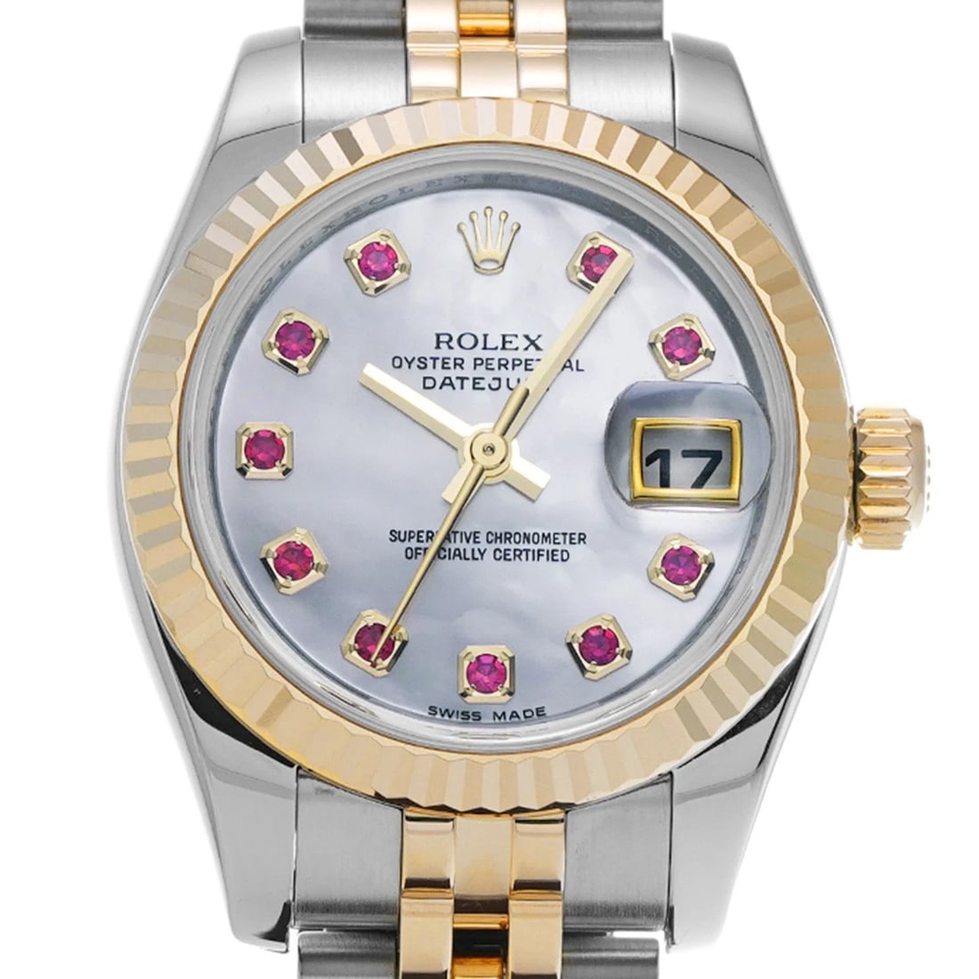 ROLEX DATEJUST WHITE SHELL RUBY WATCH - 4