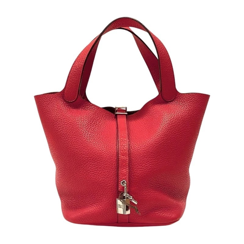 HERMES PICO TAN LOCK MM HANDBAG: HERMES Pico Tan Lock MM Handbag Brand: HERMES Type: Handbag Material: Taurillon Clemence Color: Rouge Pivoine Silver Hardware Size: W8.7 x H8.3x D7.1inch Accessories: None Accessories Notice:
