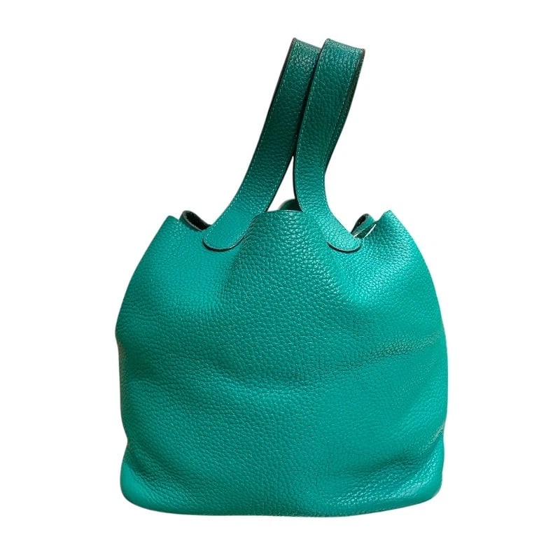 HERMES PICO TAN LOCK MM HANDBAG: HERMES Pico Tan Lock MM Handbag Brand: HERMES Type: Handbag Material: Taurillon Clemence Color: Vert Verone SilverHardware Size: W8.7 x H7.9x D6.7inch Accessories: None Accessories Notice: