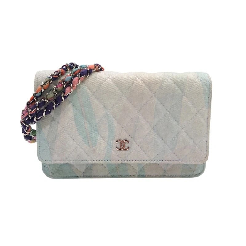 CHANEL MATRASSE CHAIN WALLET SHOULDER BAG: CHANEL Matrasse Chain Wallet Shoulder Bag Brand: CHANEL Type: Shoulder Bag Material: denim Color: Multicolored Silver Hardware Size: W7.5 x H4.3x D1.2inch Accessories: None Accessories