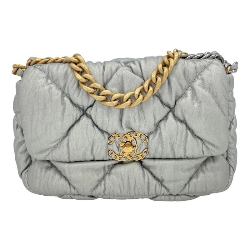 CHANEL 19 BAG SHOULDER BAG: CHANEL 19 bag Shoulder Bag Brand: CHANEL Type: Shoulder Bag Material: Ram Color: Silver GD/SV hardware Size: W9.8 x H6.7x D3.1inch Shoulder:42.9inch Accessories: None Accessories Notice: When