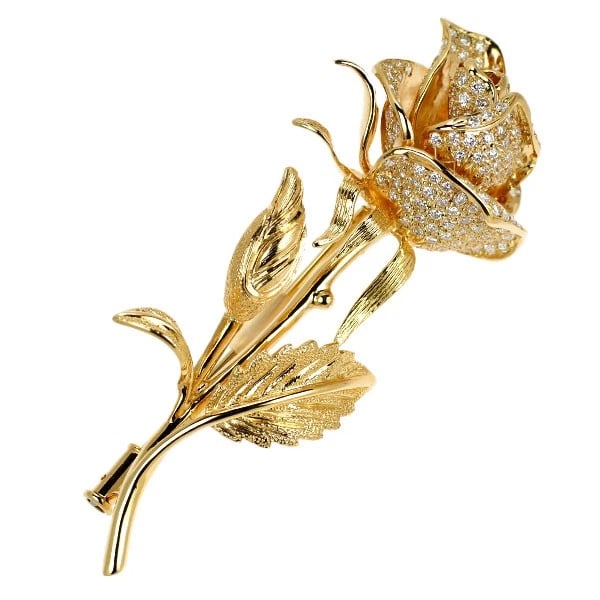 K18YG DIAMOND BROOCH FLOWER ROSE: K18YG Diamond Brooch Flower Rose Brand: None Type: brooch Material: Metal Purity K18 Metal Gold Main Stone/Creation Natural Color: None Size: Length/Width/Diameter57.5 Accessories: None