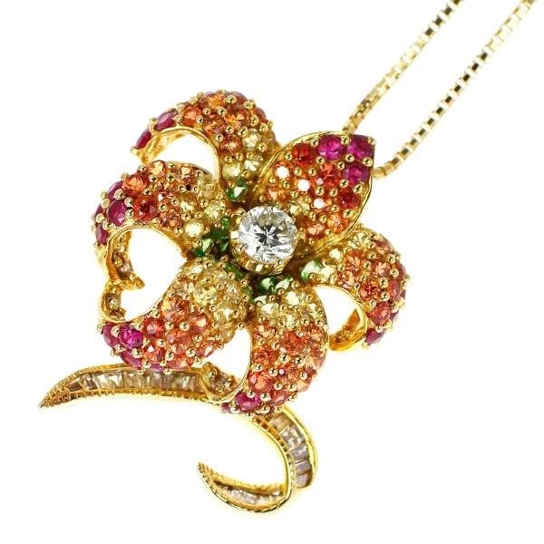 K18YG COLOR SAPPHIRE COLOR STONE DIAMOND PENDANT NECKLACE: K18YG COLOR SAPPHIRE COLOR STONE DIAMOND PENDANT NECKLACE Brand: None Type: Pendant Necklace Material: Metal Purity K18 Metal Gold Main Stone/Creation sapphires Color: None Size: Necklace: