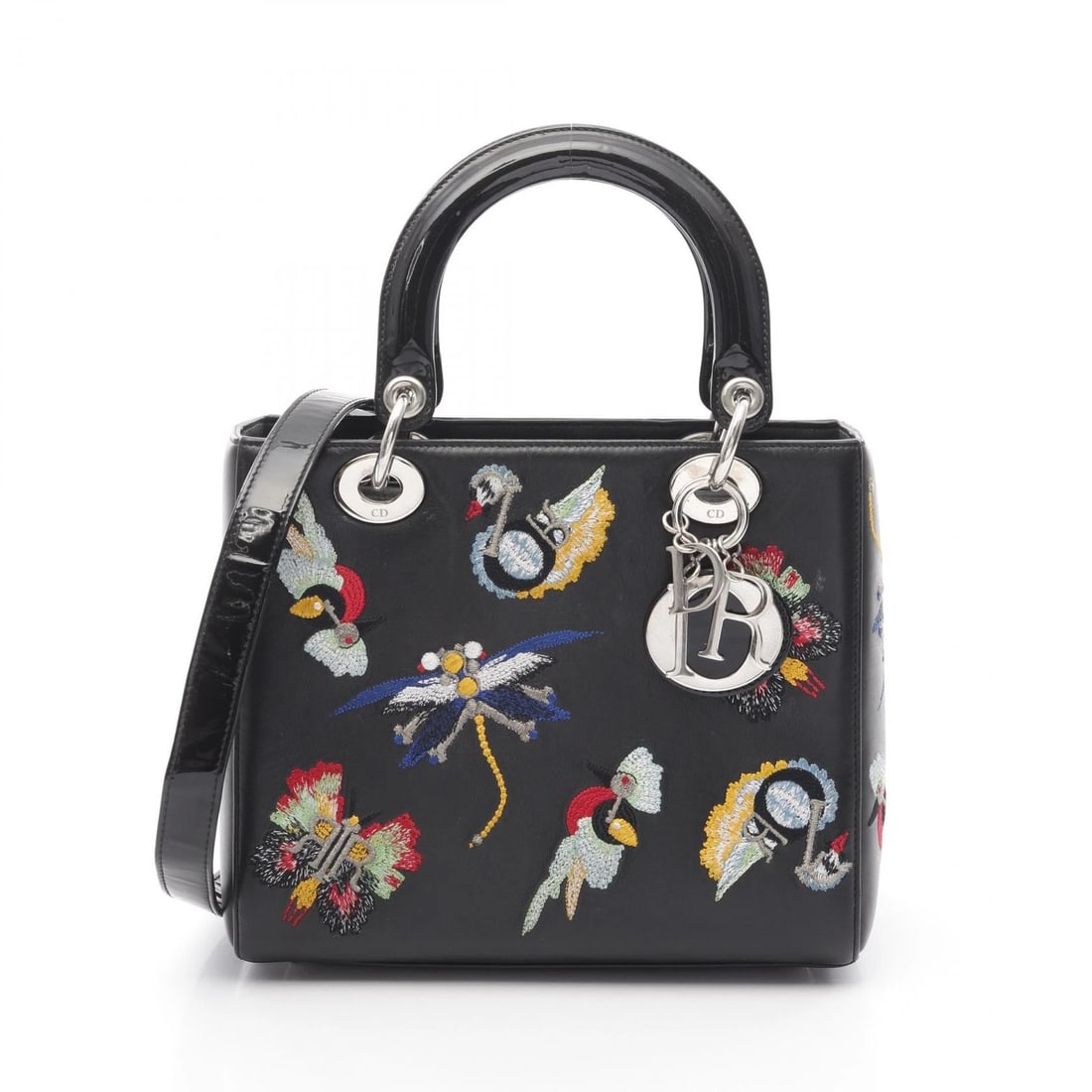 CHRISTIAN DIOR LADY DIOR EMBROIDERY CROSSBODY HANDBAG: Christian Dior LADY DIOR Embroidery Crossbody Handbag Brand: Dior Type: Handbag Material: Calfskin (cowhide) × enamel Color: Black??ish colors Size: H:20cm x W:24cm x D:11cm (H:7.9" x W:9.4"