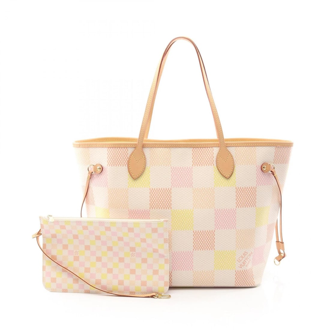 LOUIS VUITTON NEVERFULL MM TOTE BAG: LOUIS VUITTON Neverfull MM Tote Bag Brand: LOUIS VUITTON Type: Tote Bag Material: PVC coated canvas × leather × Damiericious Color: Pink / Pink??ish colors × Multicolor??ish colors ×