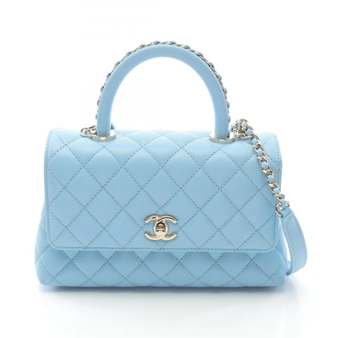 CHANEL COCO HANDLE FLAP MATELASSE SHOULDER HANDBAG: CHANEL Coco Handle Flap Matelasse Shoulder Handbag Brand: CHANEL Type: Handbag Material: Calfskin (cowhide) Color: Blue??ish colors Size: H:15cm x W:23cm x D:9cm (H:5.9" x W:9.1" x D:3.5") Access