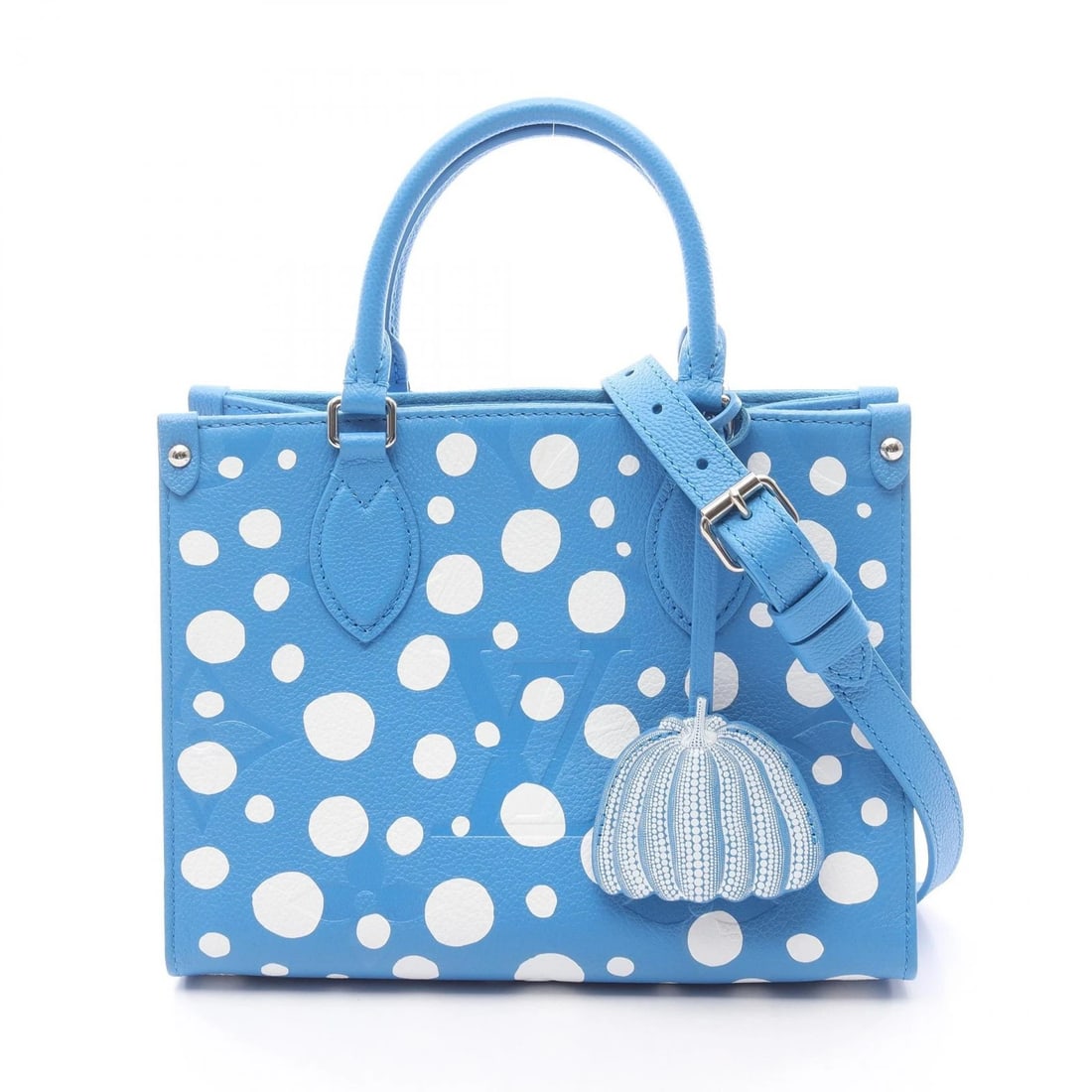 LOUIS VUITTON YAYOI KUSAMA ON THE GO PM CROSSBODY TOTE HANDBAG: LOUIS VUITTON yayoi kusama On the Go PM crossbody tote Handbag Brand: LOUIS VUITTON Type: Handbag Material: Monogram empreinte × leather Color: Blue??ish colors × White??ish colors Size: H:19cm