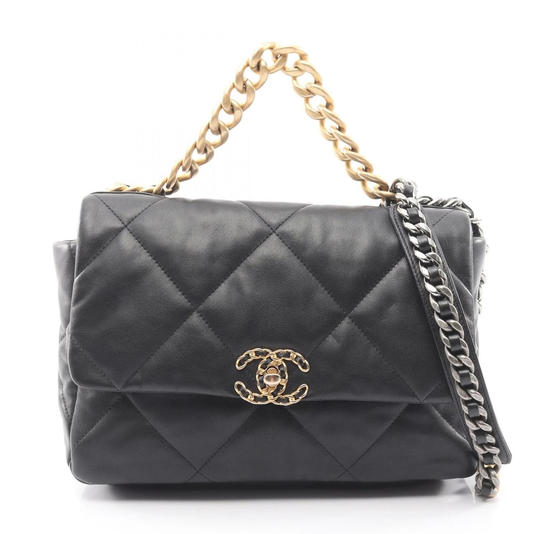 CHANEL 19 MATELASSE CHAIN SHOULDER CROSSBODY BAG: CHANEL 19 Matelasse Chain Shoulder Crossbody Bag Brand: CHANEL Type: Shoulder Bag Material: Lambskin (sheep leather) Color: Black??ish colors Size: H:20cm x W:29cm x D:8cm (H:7.9" x W:11.4" x