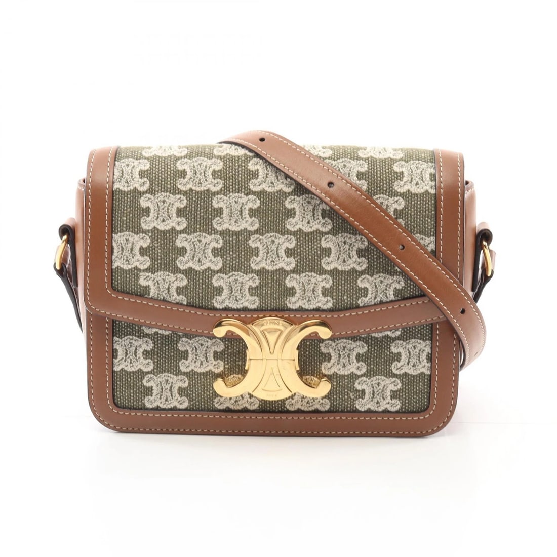 CELINE TEEN TRIOMPHE SHOULDER BAG: CELINE Teen Triomphe Shoulder Bag Brand: CELINE Type: Shoulder Bag Material: canvas × leather Color: Khaki??ish colors × Brown??ish colors Size: H:14.5cm x W:18.5cm (H:5.7" x W:7.3") 